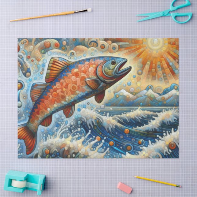 Whimsical Stained-Glass Salmon Fish Decoupage  Tissue Paper (Craft)