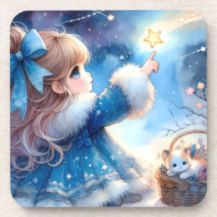 Whimsical Star Gazer Girl Watercolor Coaster