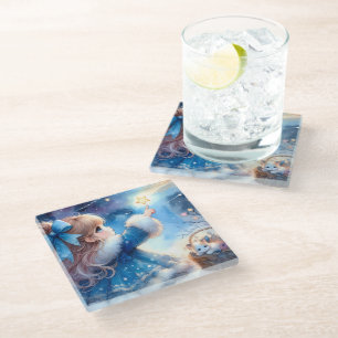 Whimsical Star Gazer Girl Watercolor Glass Coaster