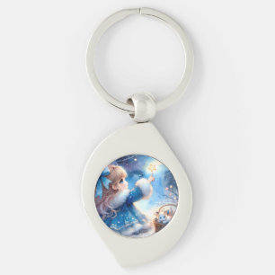 Whimsical Star Gazer Girl Watercolor Key Ring