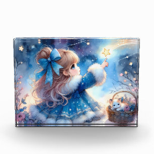 Whimsical Star Gazer Girl Watercolor Photo Block