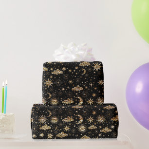 Whimsical Star Moon Planets Gold On Black Wrapping Paper