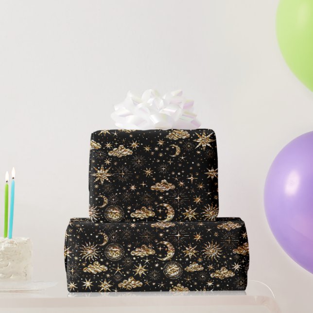 Whimsical Star Moon Planets Gold On Black  Wrapping Paper (Party Gifts)