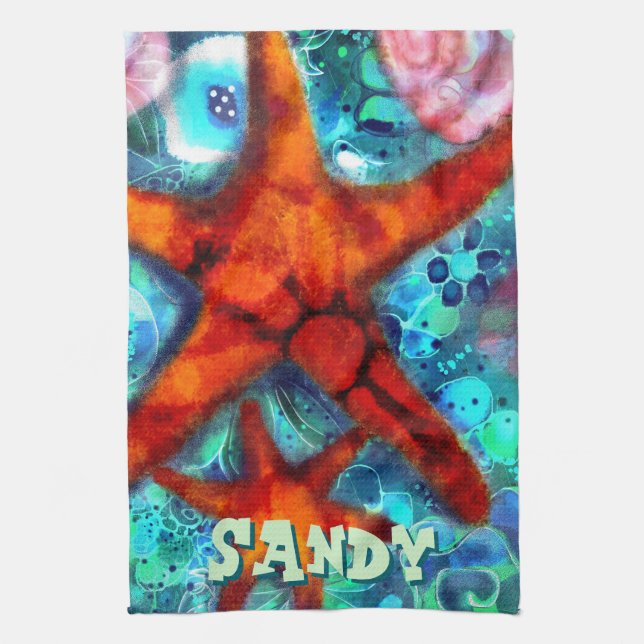 Whimsical Starfish Seashells Beach Personalised Tea Towel (Vertical)