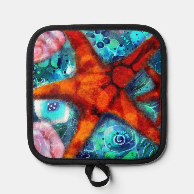Whimsical Starfish Seashells Beach Teal Pink Pot Holder (Front)