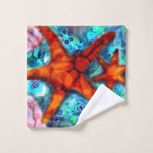 Whimsical Starfish Seashells Beach Teal Pink Wash Cloth
