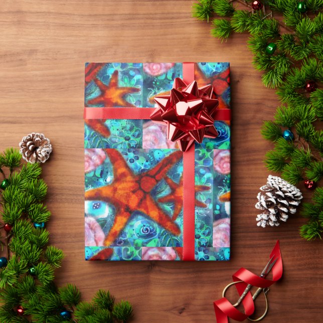 Whimsical Starfish Seashells Beach Teal Pink Wrapping Paper (Holiday Gift)