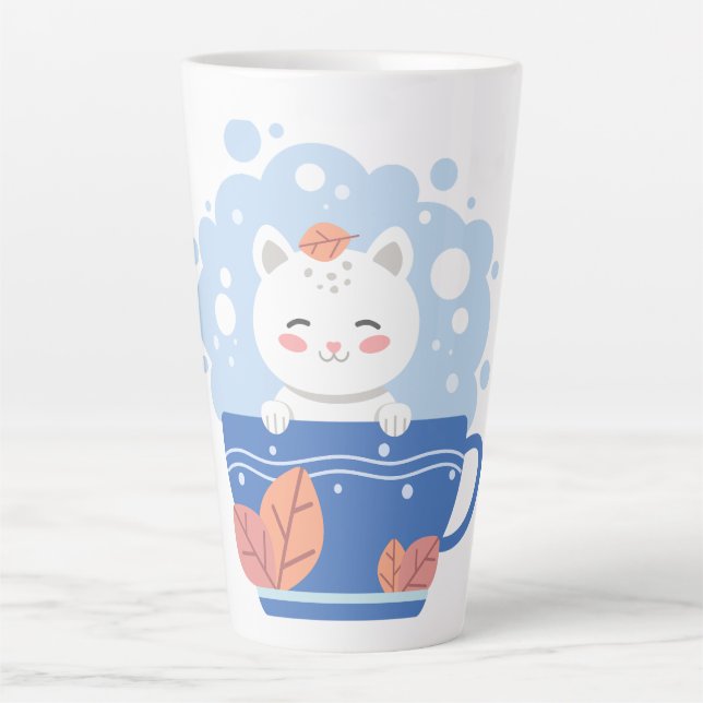 Whimsical Starry Kitten Blue Teacup Latte Mug (Front)