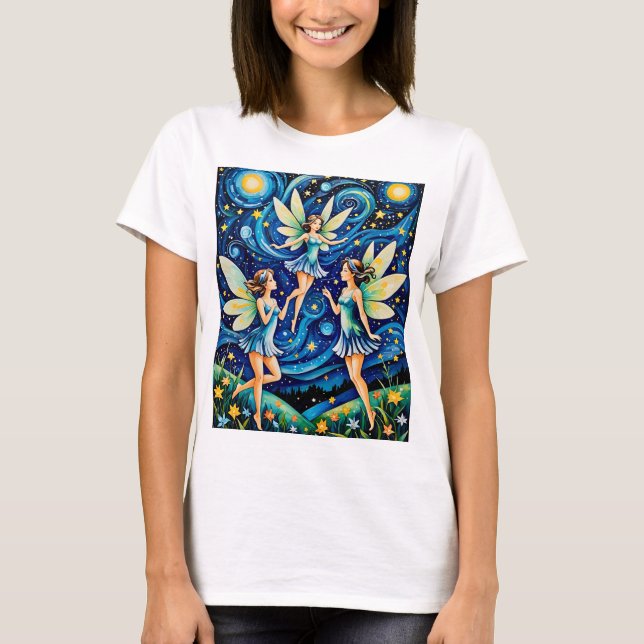 Whimsical Starry Night Fairy Art T-Shirt Fantasy (Front)