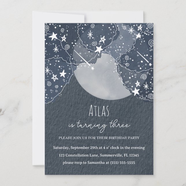 Whimsical Stars and Moon Birthday Party Invitation (Front)