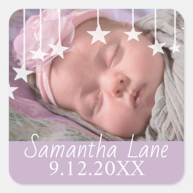 Whimsical Stars New Baby Name and Date Square Sticker (Front)
