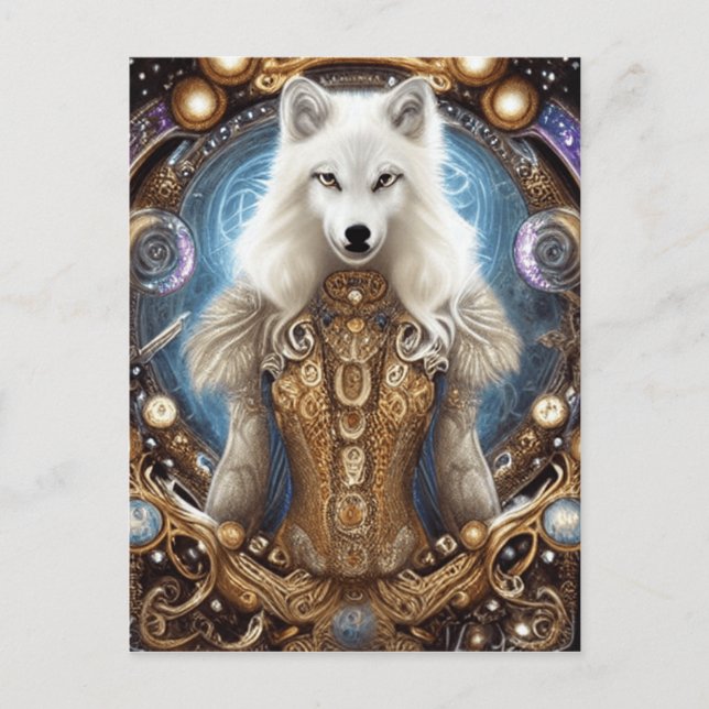 Whimsical steampunk charming white wolf  postcard (Front)