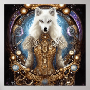 Whimsical steampunk charming white wolf poster