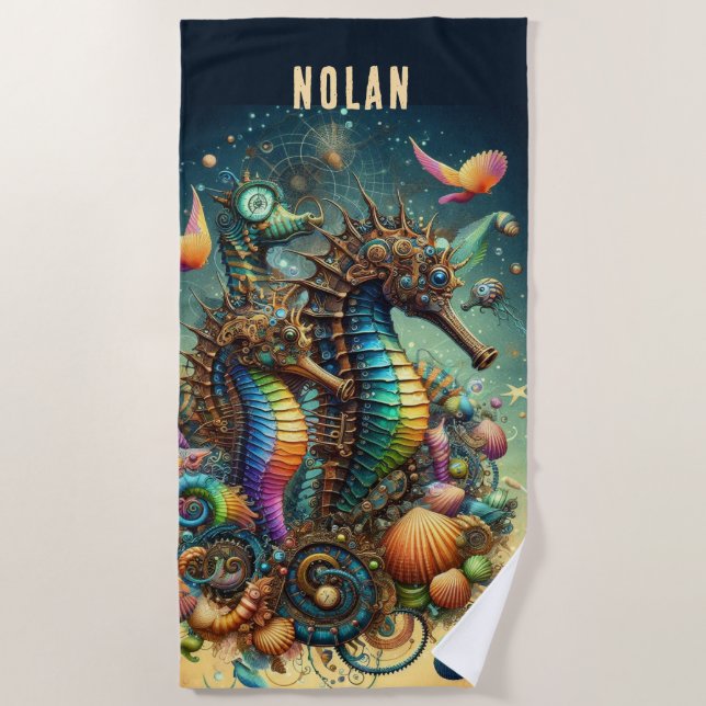  WHIMSICAL STEAMPUNK COLORFUL SEAHORSES BEACH TOWEL (Front)