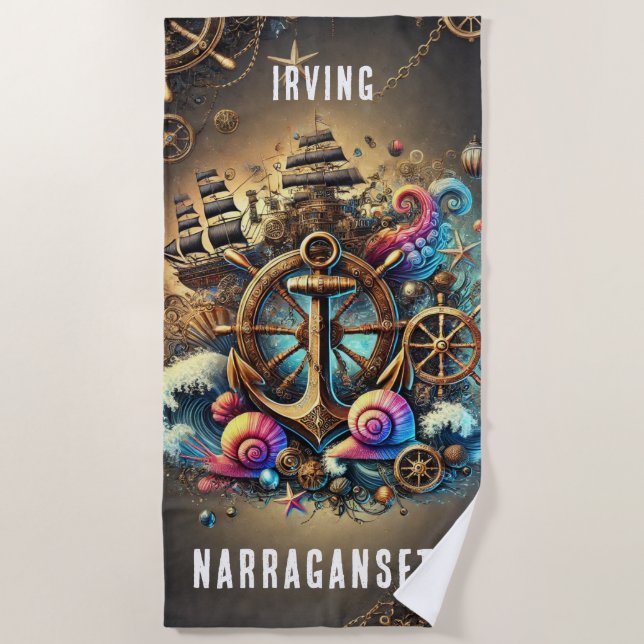 WHIMSICAL STEAMPUNK DEEP SHIP ANCHOR & WHEEL BEACH TOWEL (Front)