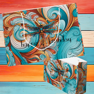 Whimsical Steampunk Dragonfly in Blue and Orange Large Gift Bag