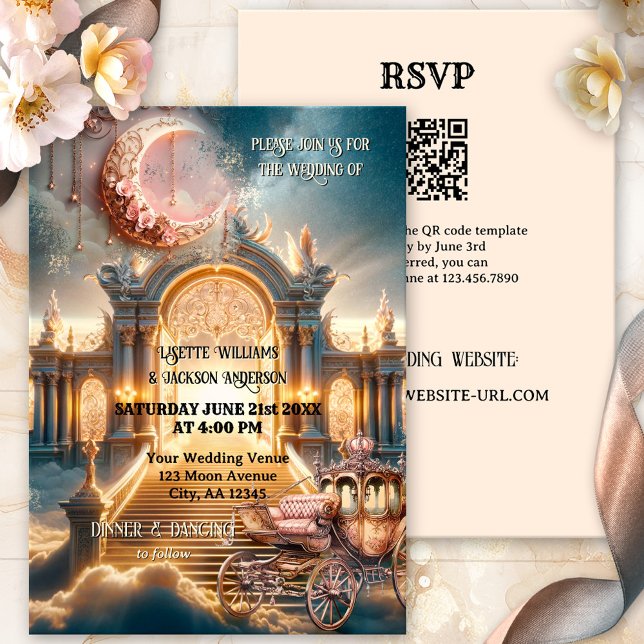 Whimsical Steampunk Fairy Tale All in One Wedding Invitation (Victorian steampunk whimsical all in one wedding invitation with fairy tale moon and carriage)
