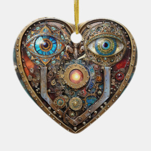 Whimsical Steampunk Heart I See You I Love You Ceramic Tree Decoration