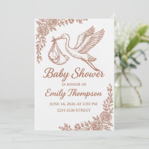 Whimsical Stork & Floral Rustic Invitation
