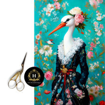 Whimsical Stork in Floral Dress  Elegant Decoupage