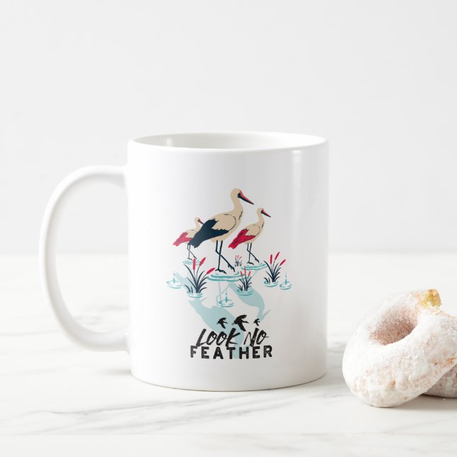 Whimsical Stork Pun Art - 'Look No Feather' Coffee Mug (With Donut)