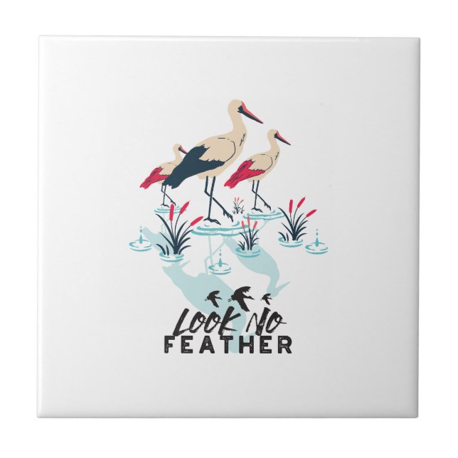 Whimsical Stork Pun Art - 'Look No Feather' Tile (Front)