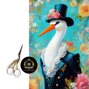 Whimsical Stork Top Hat Elegant Floral Decoupage Tissue Paper