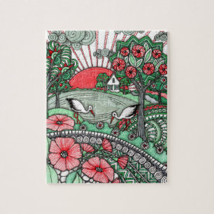 Whimsical Storks Landscape Folk Art Jigs Jigsaw Puzzle