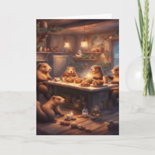 Whimsical storybook Beaver Family Christmas Card