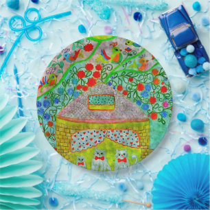 Whimsical Storybook Cat Cottage Birthday Paper Plate