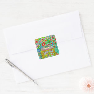 Whimsical Storybook Cats & Garden Birthday Square Sticker