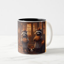 Whimsical storybook Raccoons on Halloween