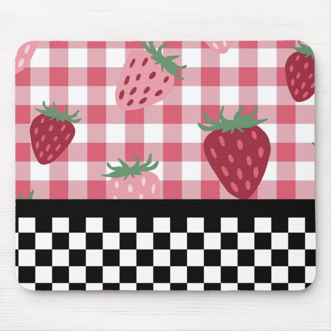 Whimsical Strawberries and Checkerboard  Mouse Mat (Front)