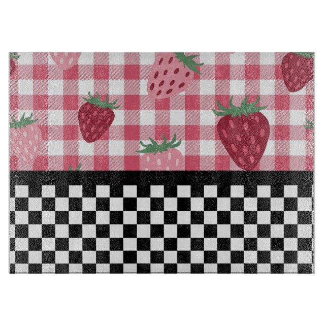 Whimsical Strawberries and Chequerboard  Cutting Board (Front)