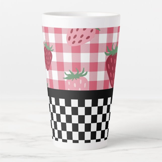Whimsical Strawberries and Chequerboard  Latte Mug (Front)