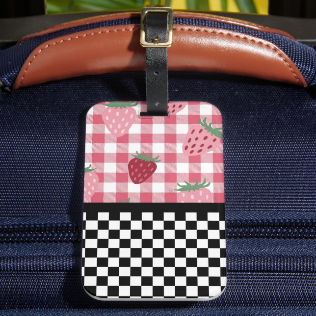 Whimsical Strawberries and Chequerboard  Luggage Tag (Front Insitu 2)