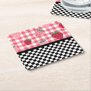 Whimsical Strawberries and Chequerboard Square Paper Coaster