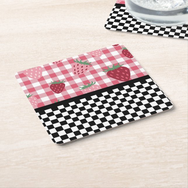 Whimsical Strawberries and Chequerboard  Square Paper Coaster (Angled)