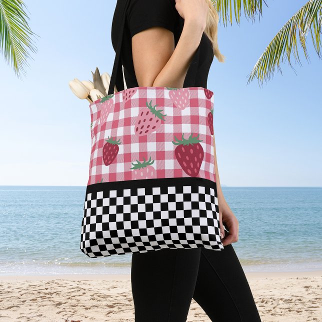 Whimsical Strawberries and Chequerboard  Tote Bag (Creator Uploaded)