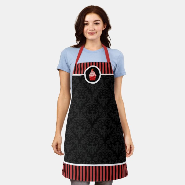 Whimsical Strawberry Cupcake Damask Stripe Apron (Worn)