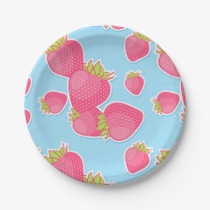 Whimsical Strawberry Pattern on Blue Paper Plate