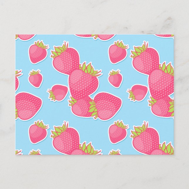 Whimsical Strawberry Pattern on Blue Postcard (Front)
