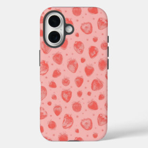whimsical strawberry pattern on pink iPhone 16 case