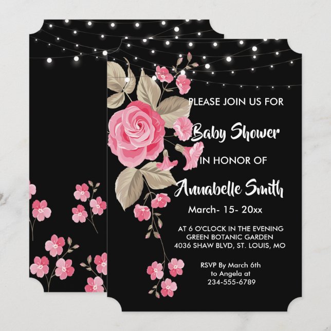 Whimsical String Lights Black Baby Shower Invitation (Front/Back)