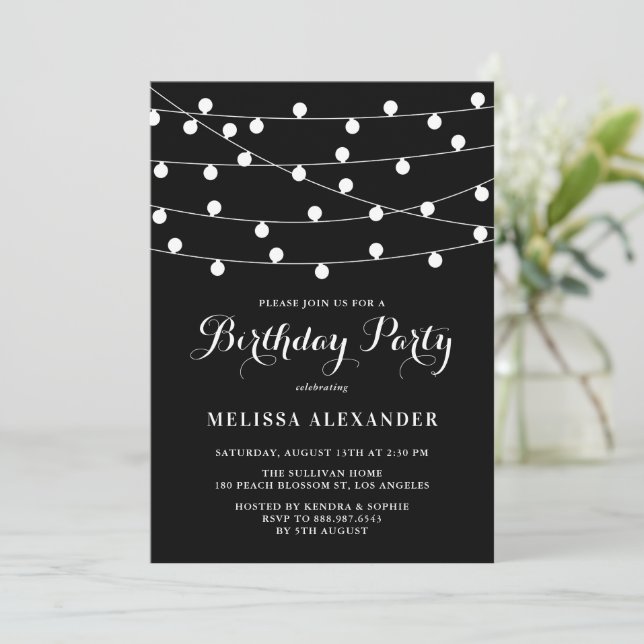 Whimsical String Lights Black Birthday Party Invitation (Standing Front)