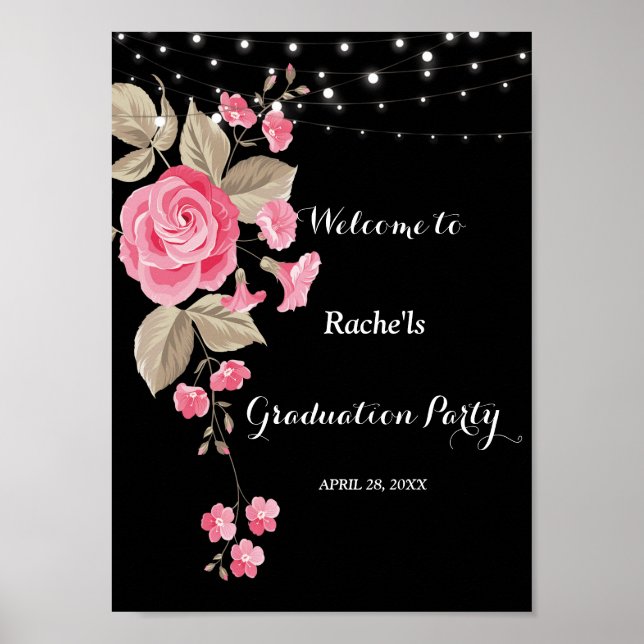 Whimsical String Lights Black Graduation Poster (Front)