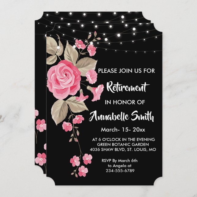 Whimsical String Lights Black    Retirement Invitation (Front/Back)