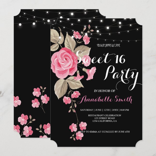 Whimsical String Lights Black sweet 16 Invitation (Front/Back)