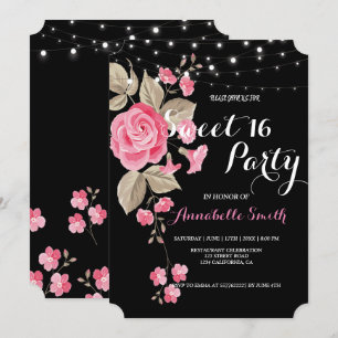 Whimsical String Lights Black sweet 16 Invitation