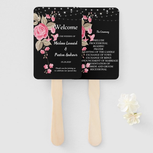 Whimsical String Lights Black Wedding Program Hand Fan (Front and Back)